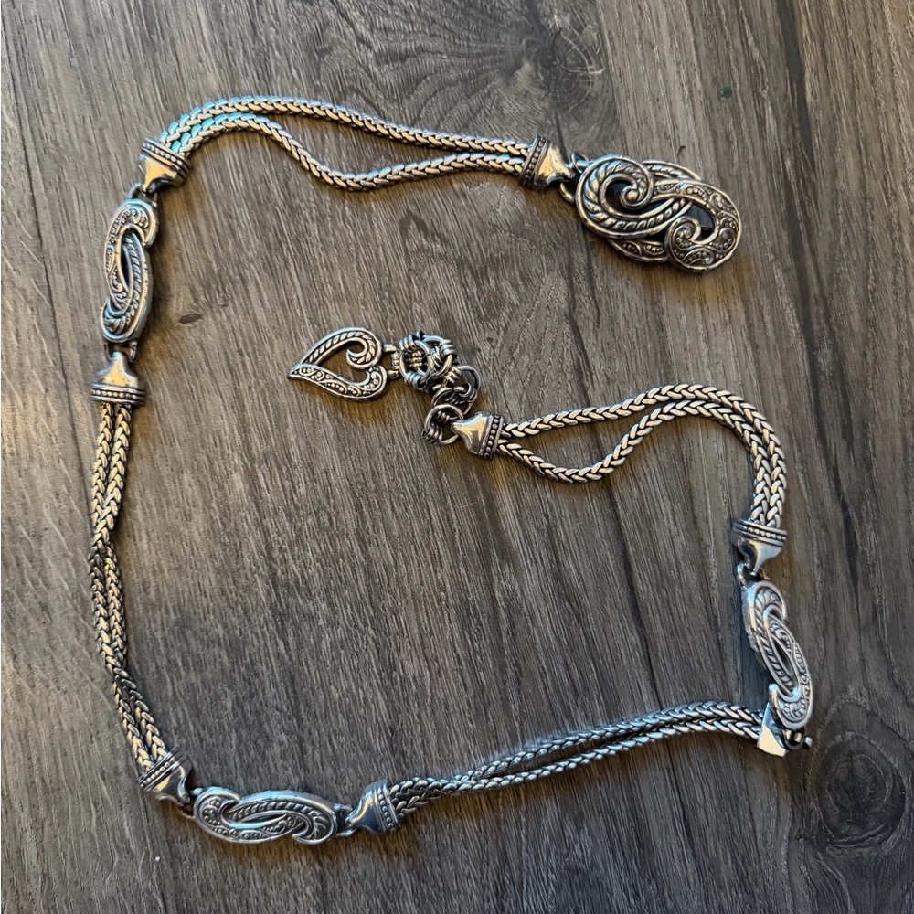 Brighton Bali Hai Scroll Chain Metal Belt Silver Dangle Heart